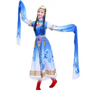Women Chinese folk dance dress Tibetan dance costumes Waterfall Sleeve Mongolian Minority folk dance performance robe