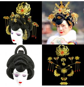 Women chinese Han tang dynasty empress cosplay wig and headdress film drama cosplay queen performance imperial concubine's head cover hair accessories headdress wig 