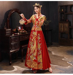 Women chinese oriental phoenix qipao wedding dresses chinese wedding party Bride pleated peony phoenix Chinese wedding dress