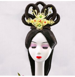 Women Chinese traditional Han Tang empress queen cosplay wig with headdress Imperial concubine hanfu dress stage performance wig Dunhuang Fairy Hair Bun