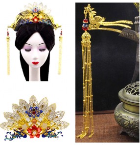 Women Chinese traditional hanfu empress cosplay Hairpin Golden phoenix crown drama ancient queen headdress for girls Fengchai Long Tassel Pendant hair accessories