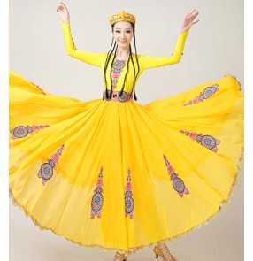 Women chinese Uyghur yellow color Xinjiang dance performance costume female opening dance big skirt Annual performance costumes Xinjiang dance dress for lady