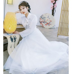 Women chinese white pink Hanfu female classical dance costume fairy princess empress cosplay dresses girl student guzheng ancient style performance costumes