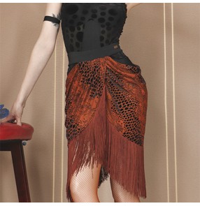 Women coffee leopard latin dance skirts modern dance tassels salsa chacha dance bottom skirts for lady