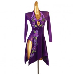 Women competition violet velvet professional latin dance dresses long sleeves side slit professional latin salsa dance dress