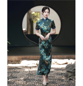 Women dark green black floral Chinese Dress oriental Qipao Old Shanghai stage performance film cosplay cheongsam model show chinese dress