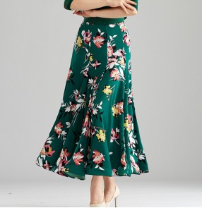 Women dark green floral ballroom dance skirt waltz tango dance skirts jupes de danse de salon fleuries vert foncé