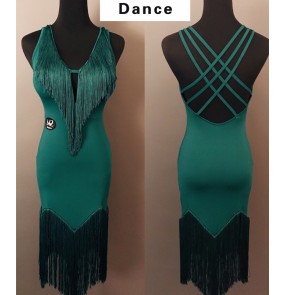 Women dark green leopard fringe latin dance dresses for female black tassels latin rumba chacha salsa dance clothing modern dance latin performance wear 