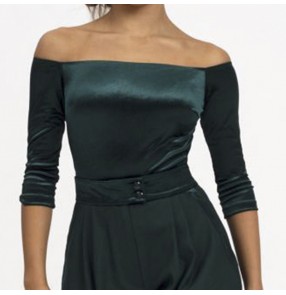 Women dark green velvet ballroom latin dance tops female national standard dance boat neckline blouse three-quarter sleeve ballroom dance sexy off-shoulder top