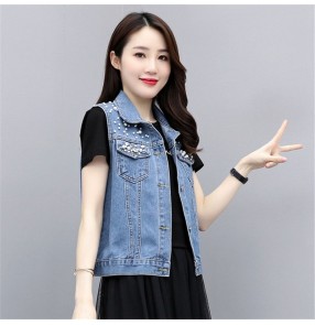 Women Denim vest beaded women spring and autumn loose Korean Harajuku style Tooling Sleeveless blue denim waistcoat