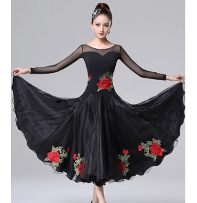 Women diamond with rose flowers black competition ballroom dance dresses female professional ballroom dance skirts waltz tango dance dresses