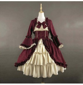 Women  European medieval vintage gothic palace dress with square collar waist stitching bowknot drama stage performance dress skirt