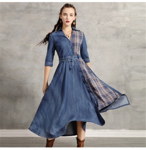 Women fashion denim plaid dresses casual long shirt dresses retro irregular hem dress for female