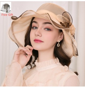 Women fashion organza silk flowers fedoras church hat for party with face shield evening dress summer beach sun hat 