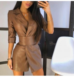 Women fashion pu leather short dress with lapel collar Long sleeve coat Women's dress leather jacket with belt