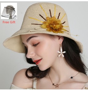 women Fashion silk flowers straw fisherman's cap with clear face shield beach summer protective sun hat for female