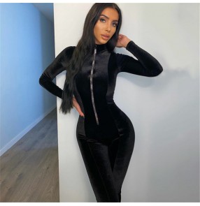 women Fashion velvet bodysuits rompers female night club sexy slim long-sleeved zipper one-piece pants