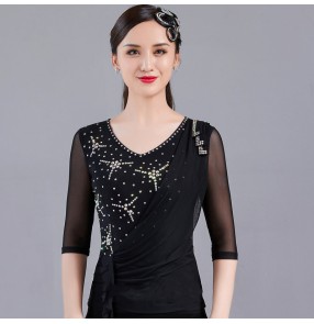 Women female black royal blue red rhinestones competition latin ballroom dance tops waltz tango foxtrot stage performance blouses shirts for lady