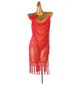 Women female Professional red fringed leotards Latin Dance dresses Competition Red Mesh latin Performance Costumes tassels bodysuits Latin Dance Dress