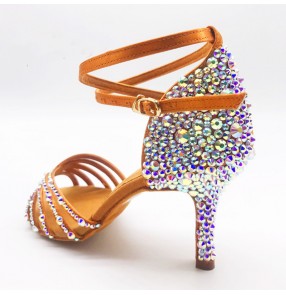 Women flesh color rhinestones competition latin ballroom dance shoes stage performance waltz tango foxtort flamenco dance sandal shoes for lady