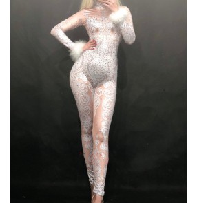 Women flesh printed bling jazz dance jumpsuits Nightclub female singer prom party concert Dj Ds gogo dance Furry sleeve lace one-piece rompers for adult stage costume