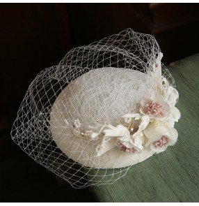 Women French Ivory lace fascinators veil pillbox hats retro mesh small top hat female wedding dress accessories