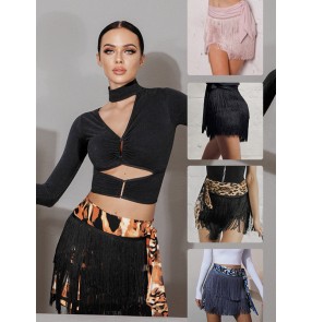 Women fringed Leopard print Latin dance skirt double layer modern dance rumba chacha salsa dance fringe skirt