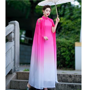 Women fuchsia purple blue gradient chinese dress oriental qipao fairy dress cheongsam miss etiquette singers host performance photos dresses with cape 