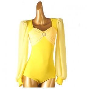 Women gilrs yellow color ballroom latin dance bodysuits stage performance modern dance solo stage performance jumpsuits long sleeves body tops for woman