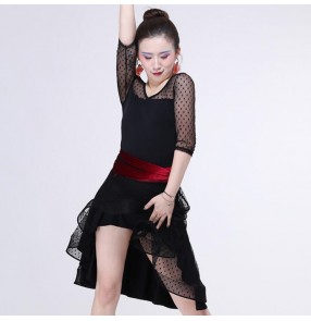 Women girl's latin dance dresses black colored competition stage performance rumba salsa chacha dance dress skirt