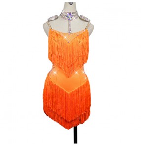 Women girl's orange competition latin dance dresses rhinestones tassels latin dance costumes salsa chacha dance dress