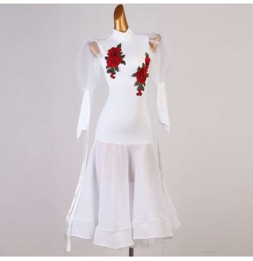 Women girls ballroom dance dresses white colored with rose flowers long sleeves competition waltz tango ballroom dance costumes 