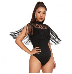 Women girls black lace ballroom latin dance bodysuits long tassels stage performance waltz tango ballroom dance jumpsuits stage performance tops for female