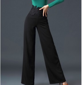 Women girls Black lace high waist latin ballroom dancing long pants for women girls waltz tango long trousers for female