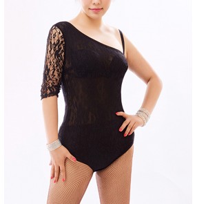 Women girls black lace one inclinded shoulder ballroom latin dance bodysuits stage performance flamenco waltz tango dance jumpsuits tops 