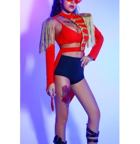 Women girls black red jazz dance gogo dancers performance costume nightclub bar dj magician dance outfits tuxedo coats singer concert ds lead dancer costumes