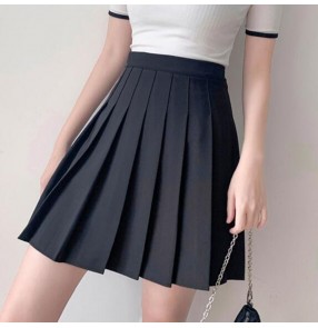 Women girls black silver Pleated mini skirt female student high waist A-line skirt suit white short skirt