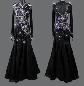 Women girls black standard ballroom dance dresses diamond competition ballroom foxtort smooth tango waltz dance long dress for women