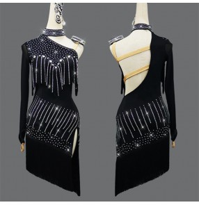 Women girls black tassels competition latin dance dresses with diamond  one shoulde sleeves professional chacha rumba bling dance dress for lady 
