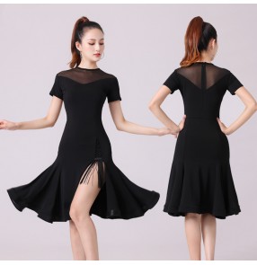 Women girls black tassels latin dance dresses Side Slit Short Sleeves salsa rumba chacha dance costumes for female