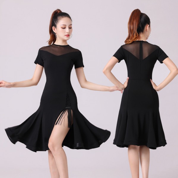 Women girls black tassels latin dance dresses Side Slit Short Sleeves ...