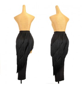 Women girls black tassels latin dance long skirts rumba salsa chacha dance fringed irregular skirts for female