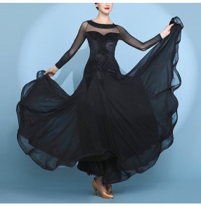 Women girls black velvet mesh long sleeves competition ballroom dance dresses waltz tango foxtort smooth dance long gown for lady