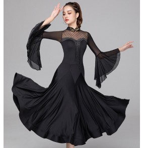 Women Girls Black Wine Color Modern Ballroom dance competition Dresses Female GB waltz Tango Foxtrot social dance cheongsam rhinestones big swing Skirts For Female