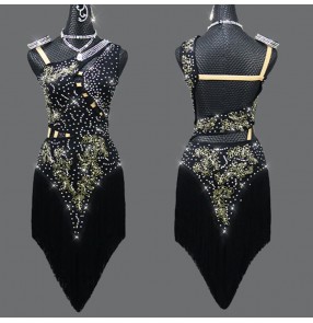 Women girls black with gold embroidered competition latin dance dress modern rumba salsa chacha latin dance costumes for woman