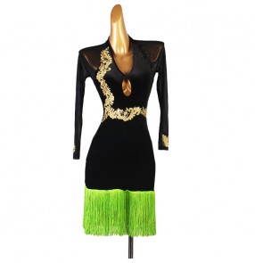 Women girls black with green fringe latin dance dresses long sleeves diamond competition stage performance rumba chacha dance clothing latin dance skirts for lady