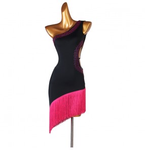 Women girls black with pink rhinestones competition latin dance dresses recital one shoulder fringed latin salsa rumba chacha dance dress for female