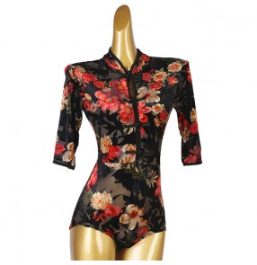 Women girls black with red velvet flowers ballroom latin dance bodysuits modern dance salsa rumba chacha tango waltz dance body tops for female