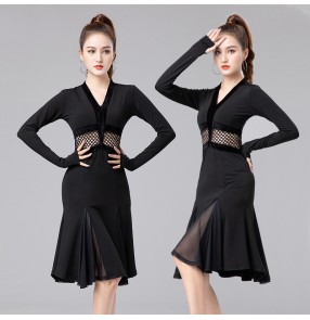 Women girls black with velvet ballroom latin dance dresses hollow mesh waistline long sleeves Salsa Rumba Ballroom Dancing Skirts For female