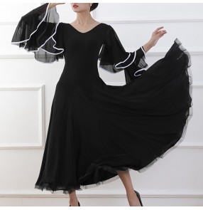 Women girls black with white competition ballroom dance dresses stage performance waltz tango foxtrot smooth dance long dress 